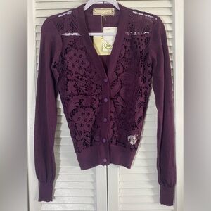 a’reve Purple Button Up Cardigan w/Lace Front, Size S Anthropologie